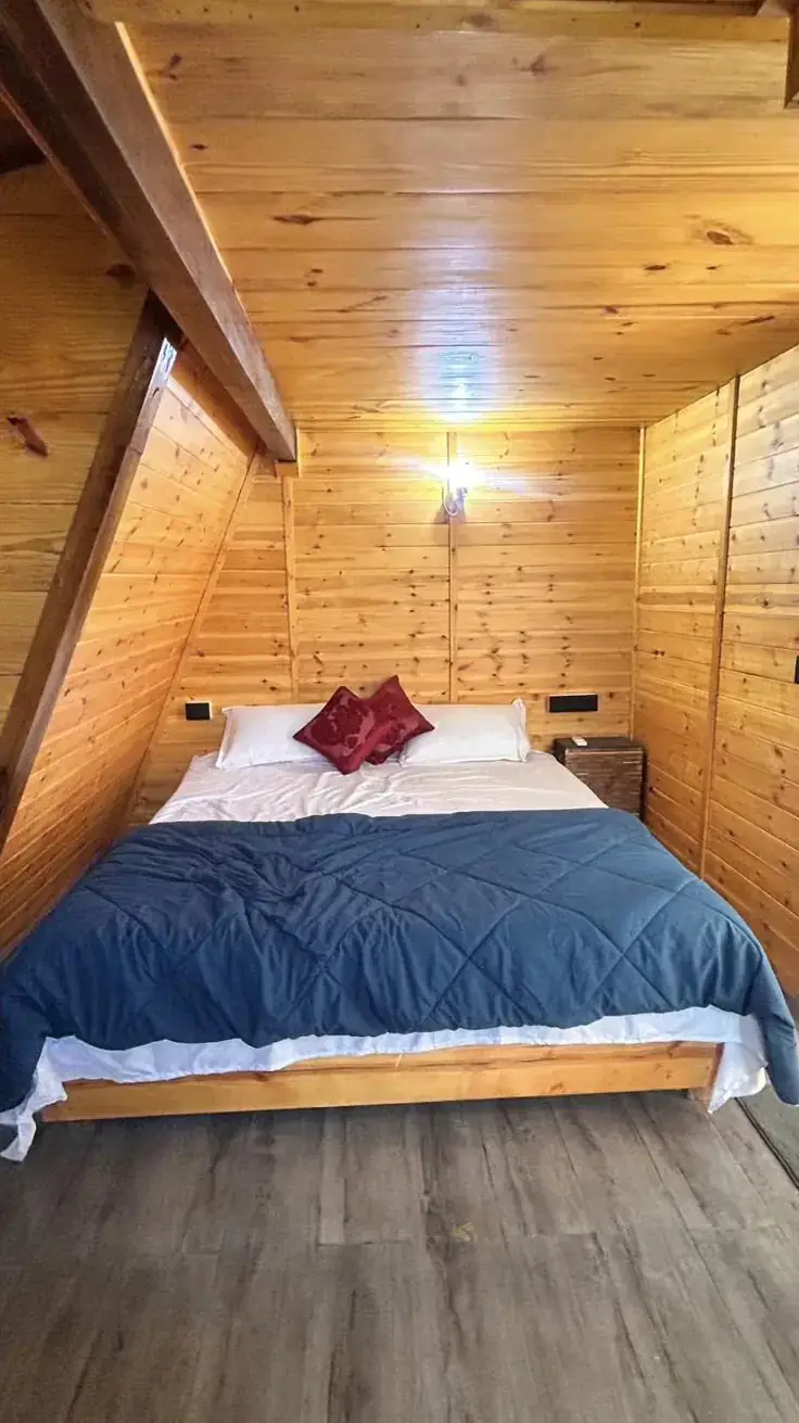 Ground-floor king bed with a blue quilt